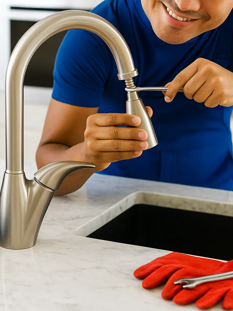 Plumber in blue uniform installing a modern residential water heater in a clean utility room