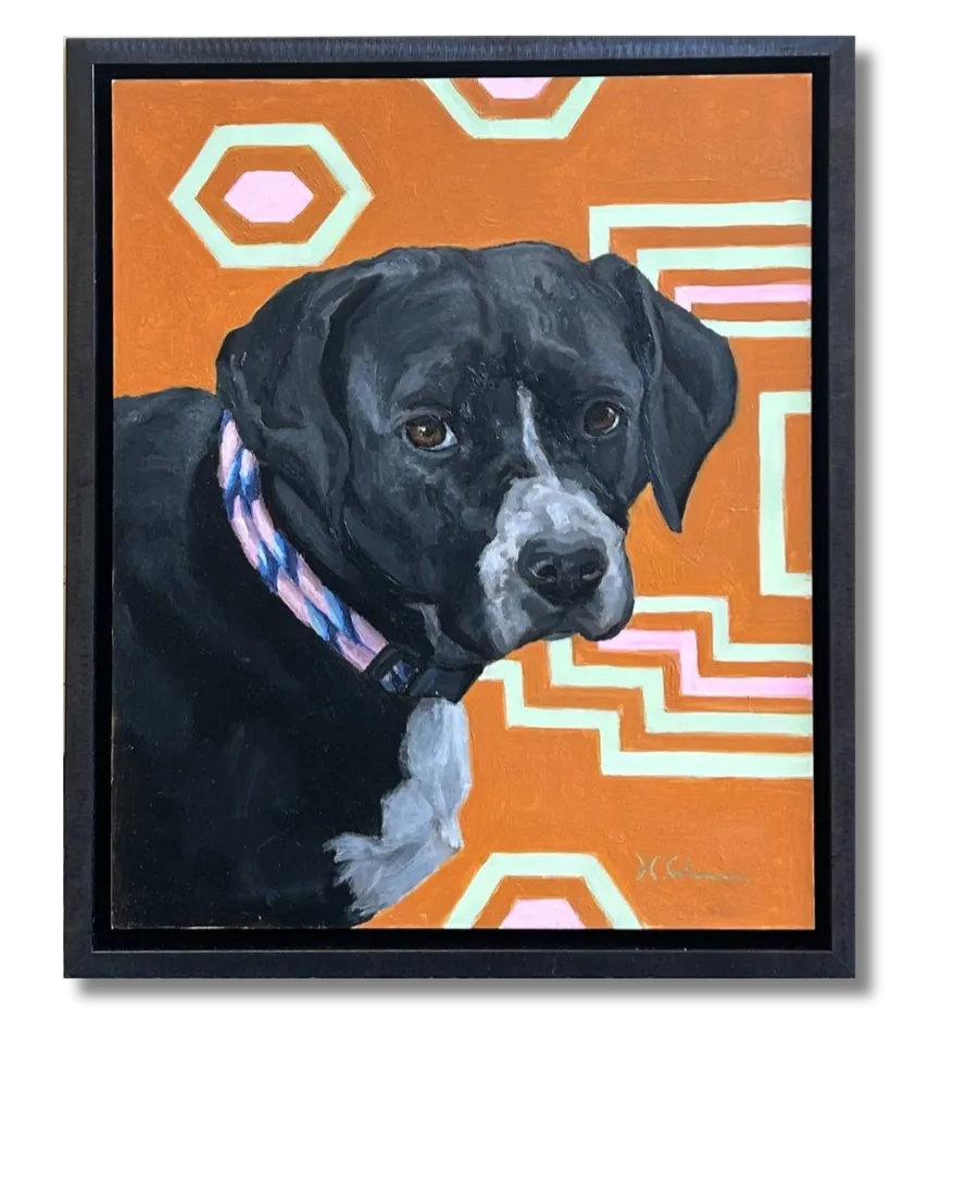 Custom canvas float frame with framed pet artwork displayed by Friedman’s Framing in Savannah, GA