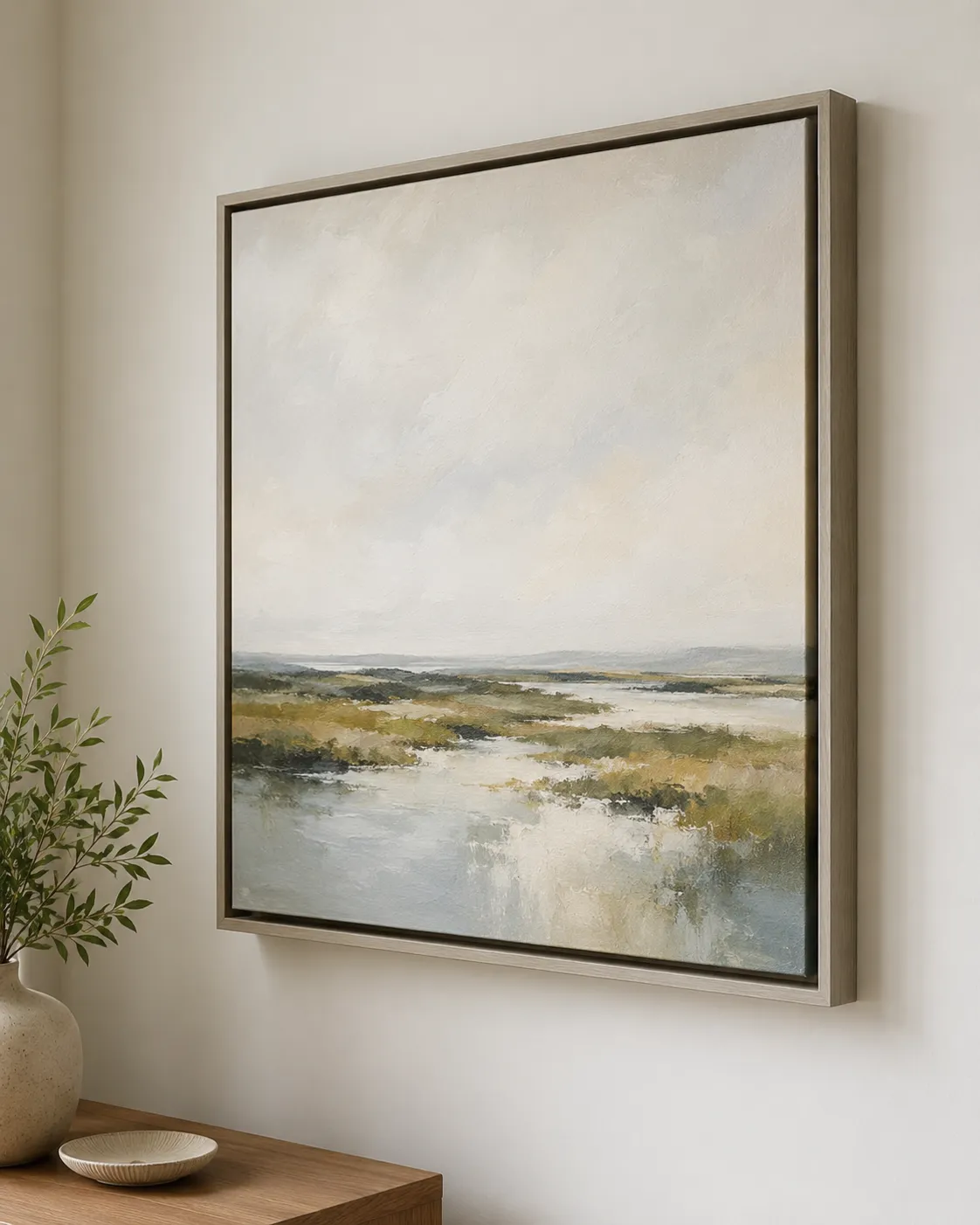 Modern canvas float frame with custom framed artwork displayed in a residential interior in Savannah, GA