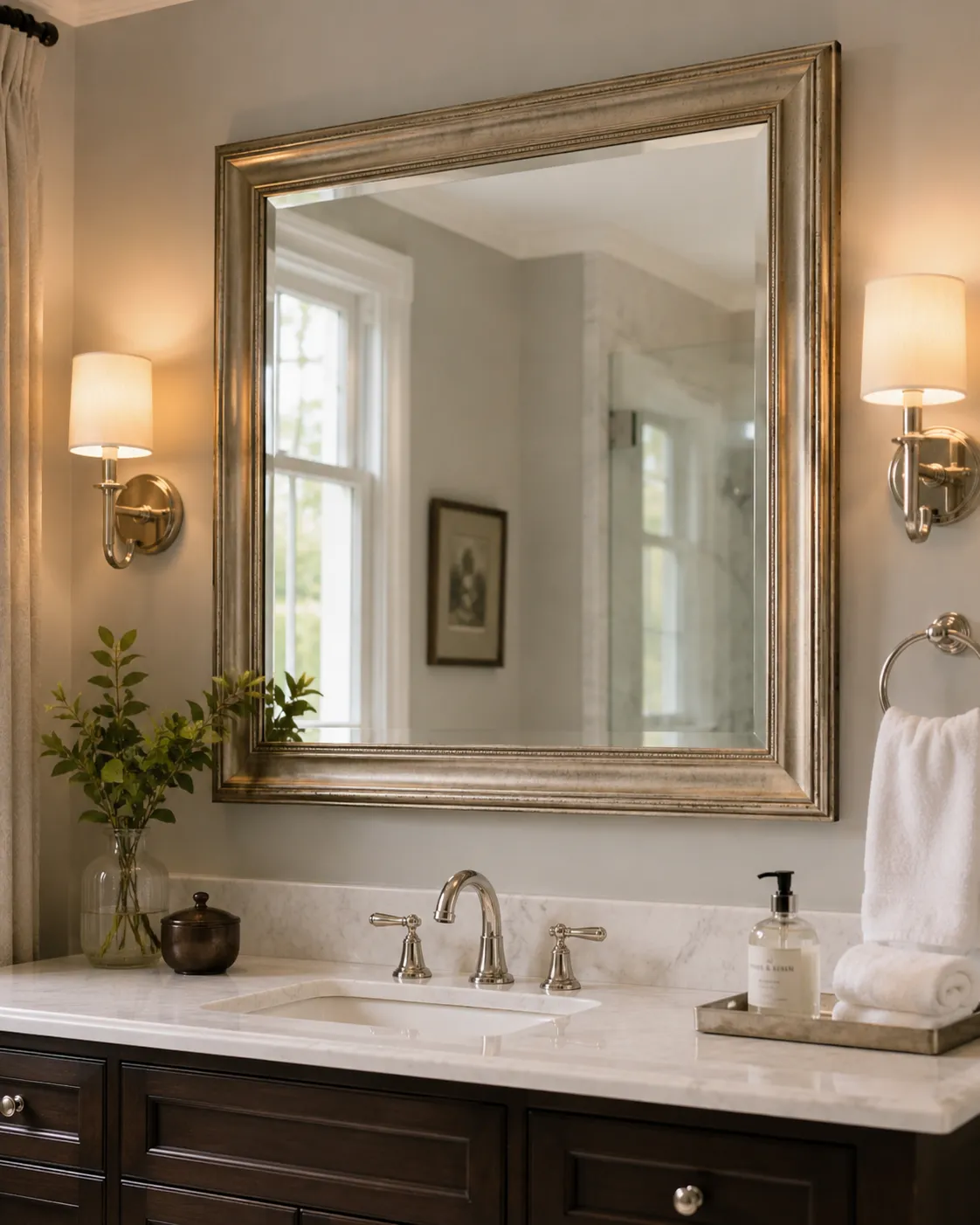 Custom framed bathroom mirror with decorative moulding displayed in an upscale residential bathroom by Friedman’s Framing in Savannah, GA