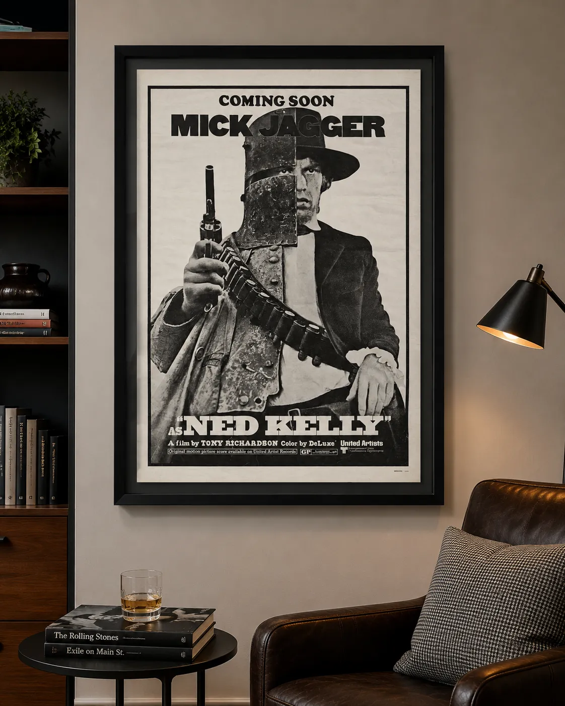 Framed vintage Mick Jagger movie poster displayed in a modern residential interior with custom black poster framing by Friedman’s Framing in Savannah, GA