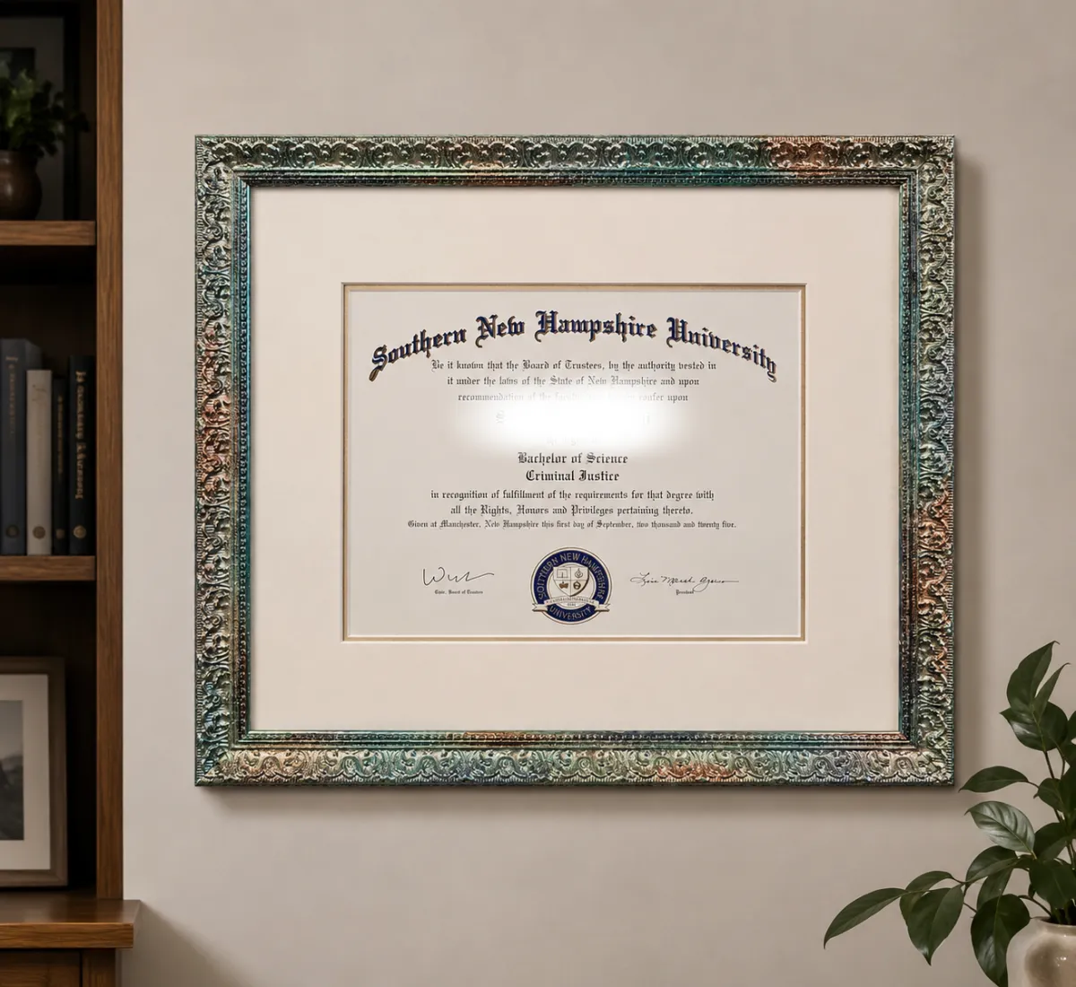 Custom framed diploma displayed in a residential office interior with decorative moulding by Friedman’s Framing in Savannah, GA