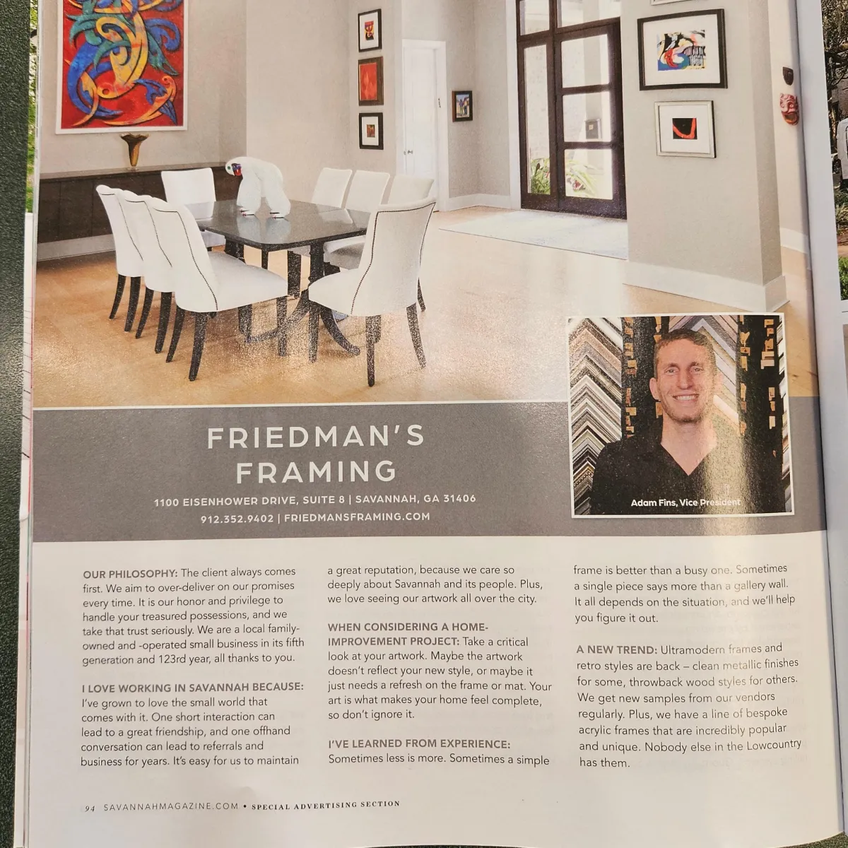Magazine image highlight of Friedman's Framing in Savannah Ga