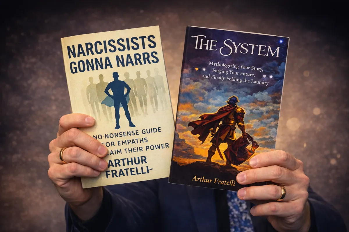 Arthur Fratelli keynote speaker and author holding his books The System and Narcissists Gonna Narrs