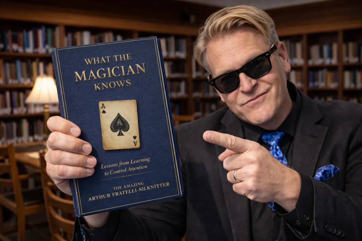 Arthur Fratelli holding a book titled What the Magician Knows.