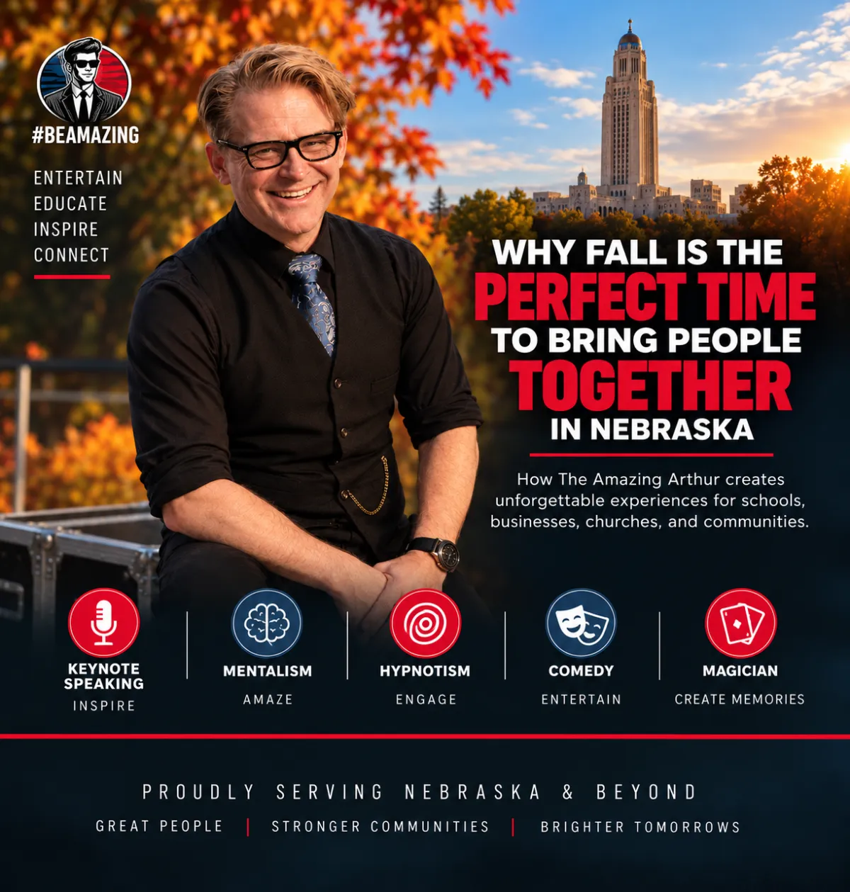 The Amazing Arthur entertaining an engaged audience during a Nebraska fall community event with interactive mentalism, comedy, hypnotism, keynote speaking, and magic.