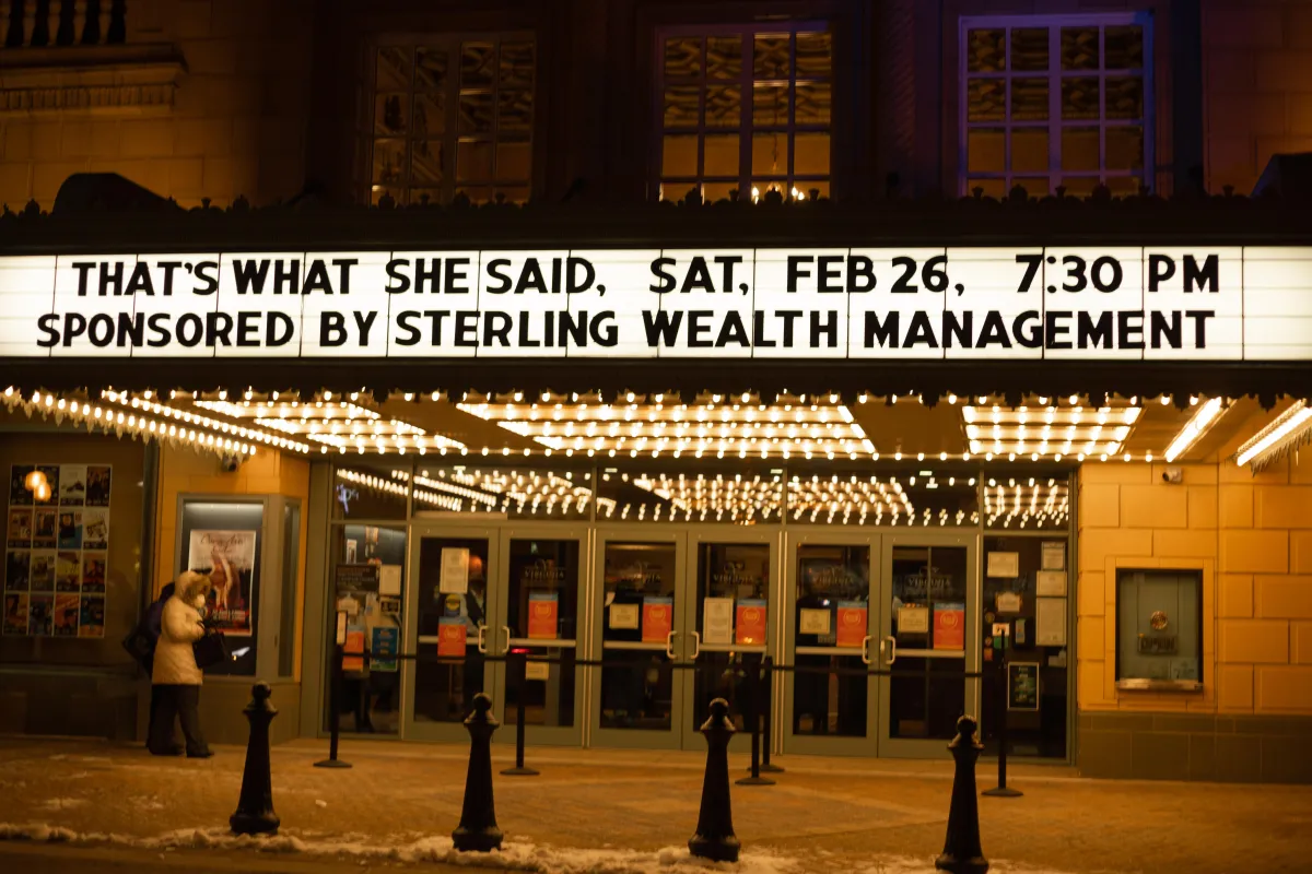Theater marquee with TWSS show details