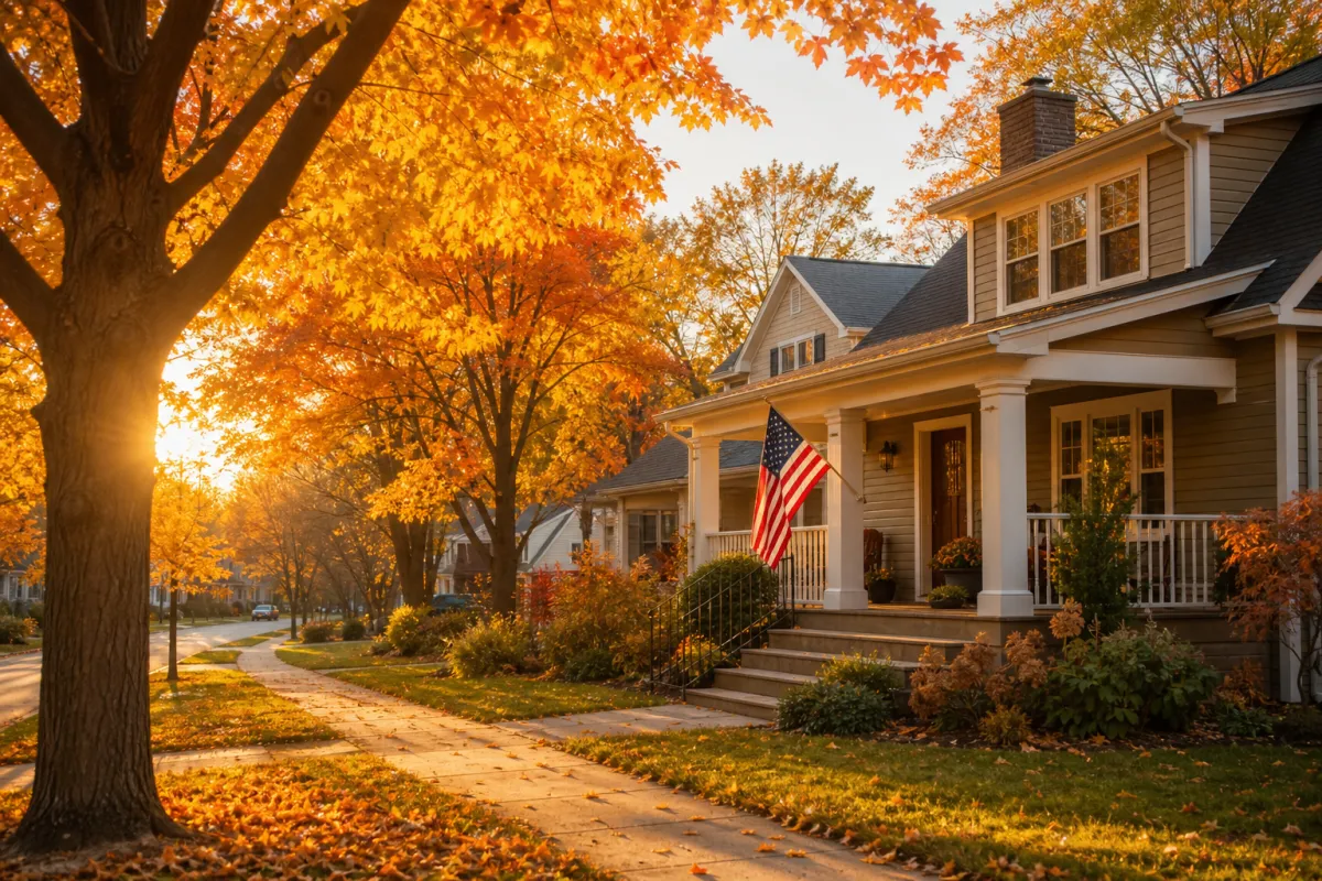 Inviting Waukesha County-style home with a large yard, fall foliage, and soft golden light in a peaceful neighborhood.