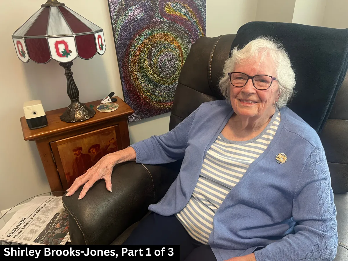 Shirley relaxes at home by her Ohio State Buckeye lamp, a piece of furniture that offers a hint of what's to come.