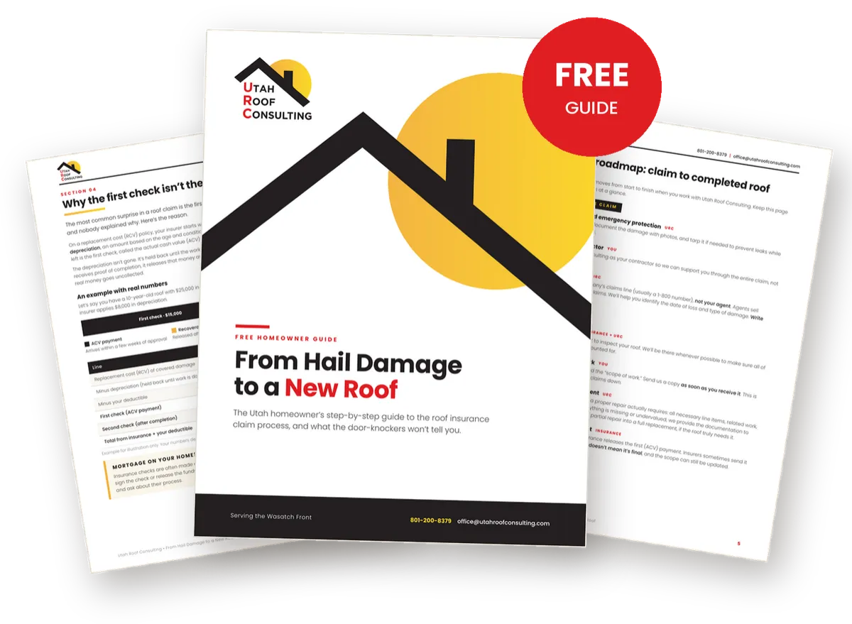 Printed copy of the Free Roof Insurance Claim Guide laying on a modern wooden desk with pen and architectural plans