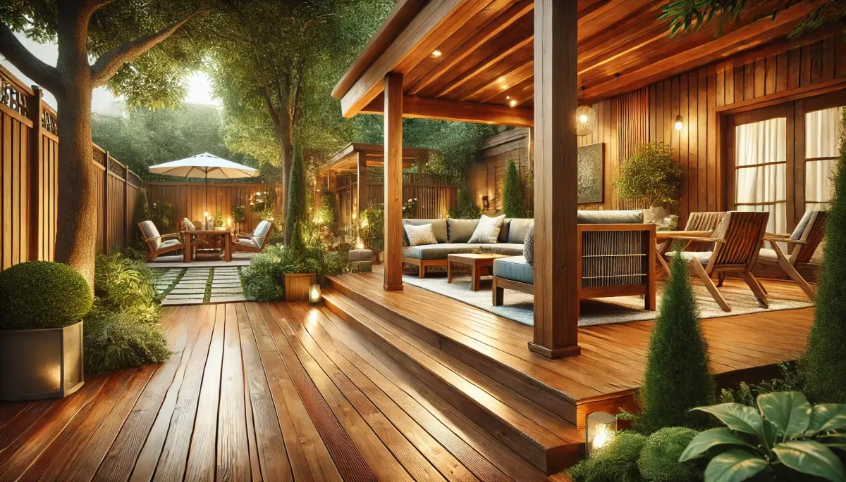 A beautifully restored wooden deck in a cozy outdoor space, featuring people enjoying the area with comfortable furniture, soft lighting, and lush greenery. The polished wood finish highlights the craftsmanship and quality of work by WoodPro Restorations, creating a warm and inviting atmosphere perfect for relaxation