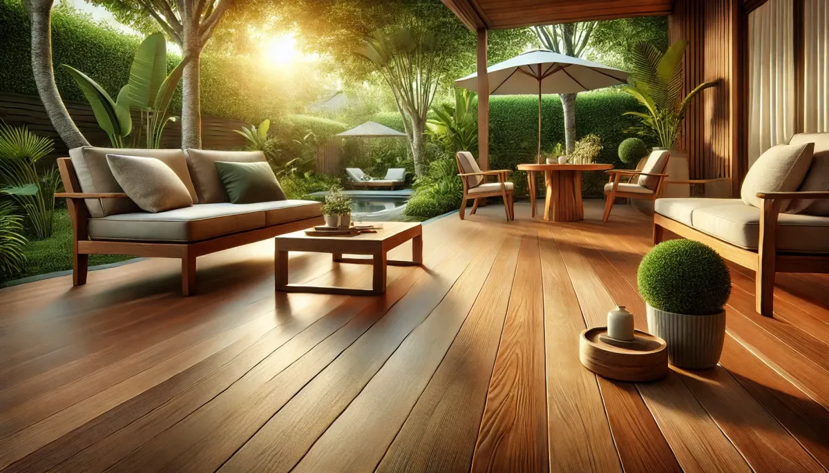 A beautifully restored wooden deck in an outdoor setting, featuring polished wood with a smooth finish, surrounded by greenery and outdoor furniture