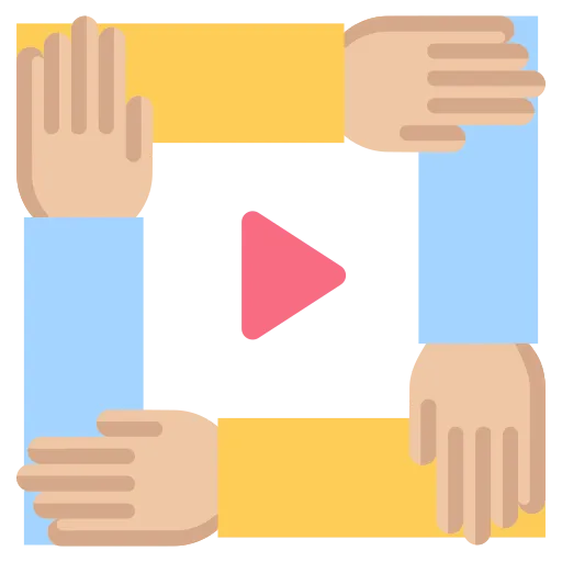 Illustration of four hands surrounding a play button, symbolising a collaborative approach to navigating complex marketing strategies.