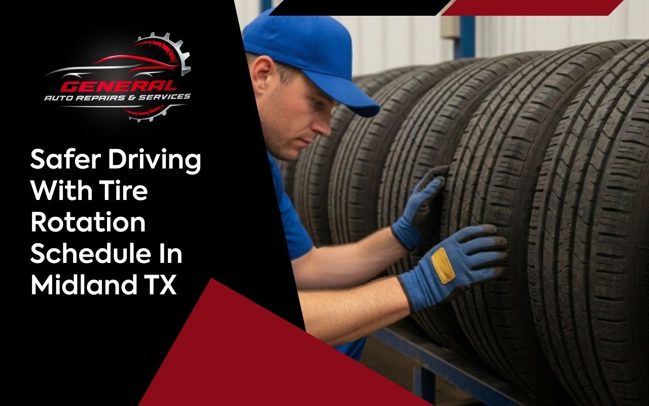 Technician checking tire rotation schedule in Midland TX
