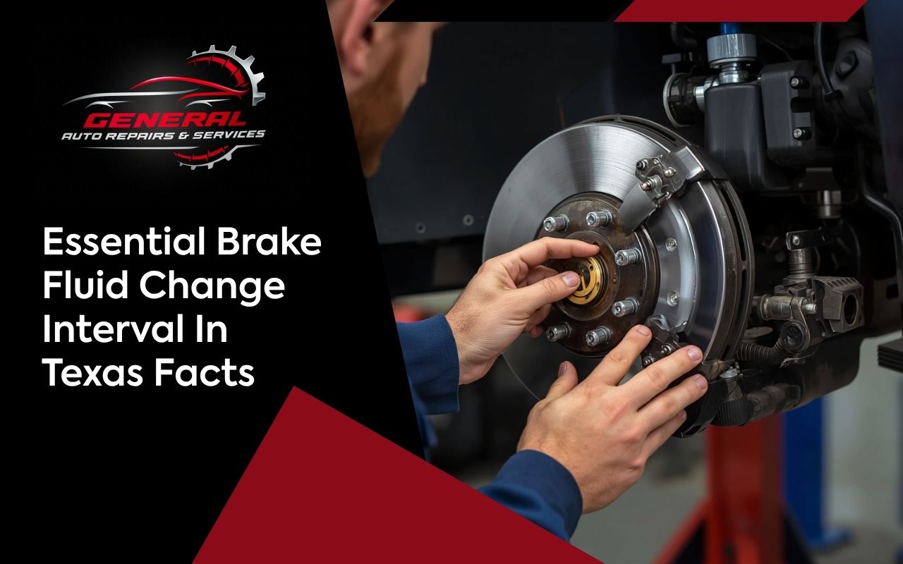 Mechanic checking brake fluid change interval in Texas for safe driving
