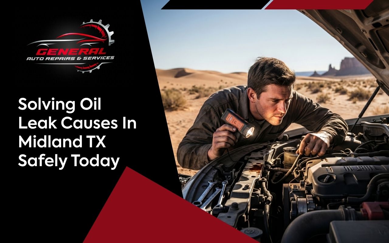 Mechanic checking oil leak causes in Midland TX under the hood