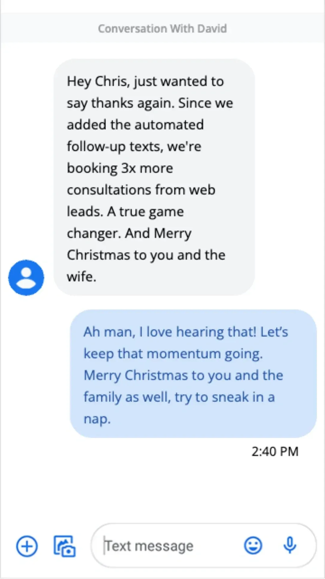 SMS From David happy with Retain Genius