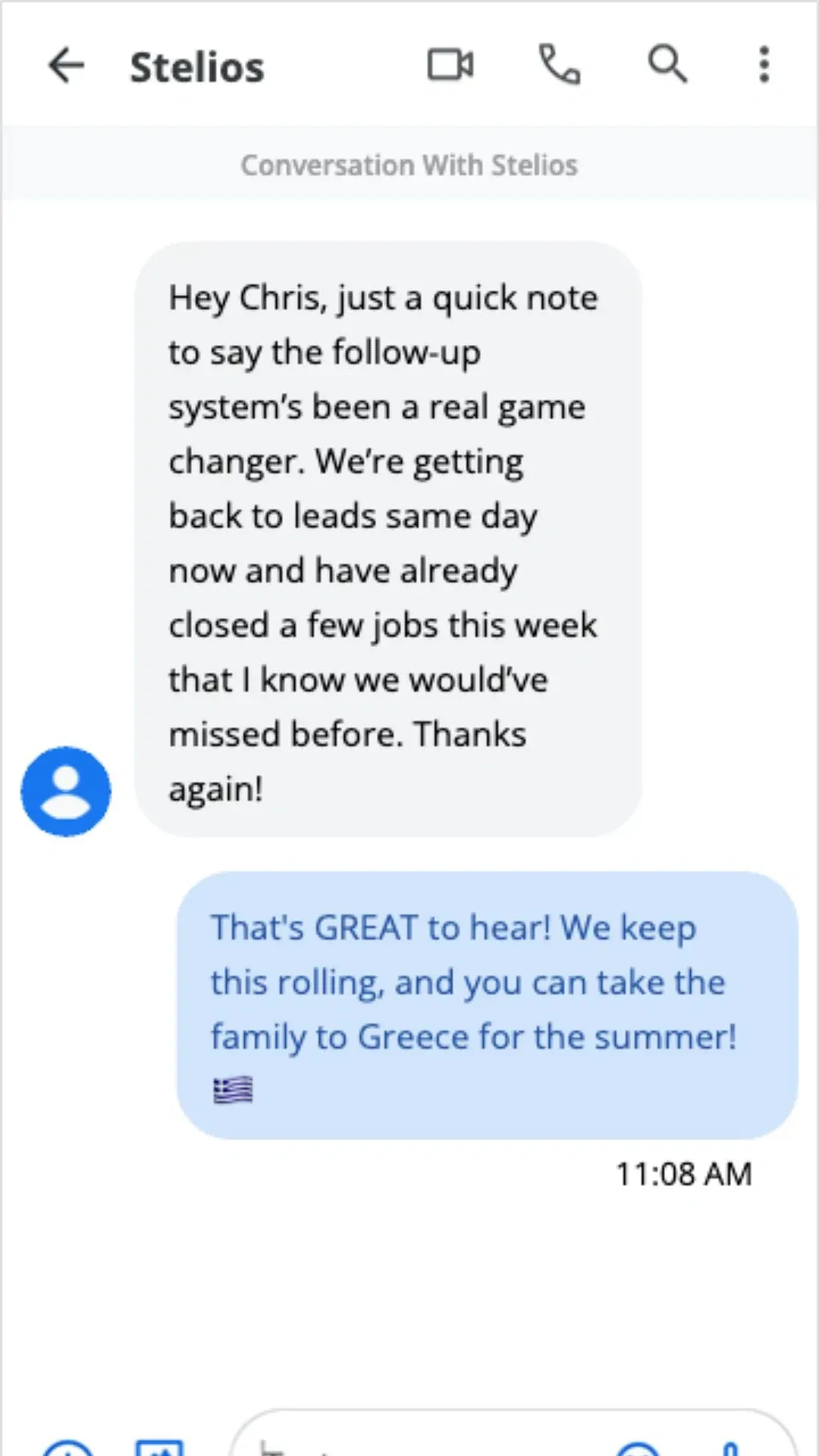 Stelios SMS Happy with Chris's Service