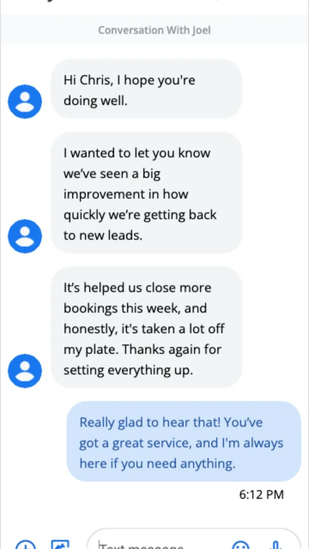 Message from Joel a happy client