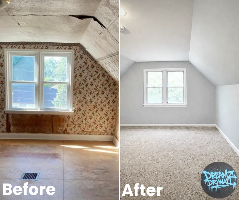 Before and After of a bedroom renovated by Dreamz Drywall & Contracting