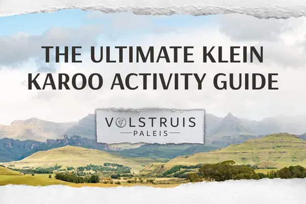 Banner image for 'The Ultimate Klein Karoo Activity Guide' featuring a scenic landscape of green rolling hills and mountains, with the Volstruis Paleis logo in the center.
