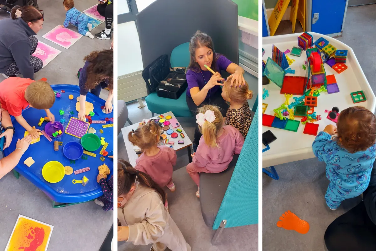 a vibrant sensory play area filled with tuff trays, sensory toys, construction play, textures and colours,