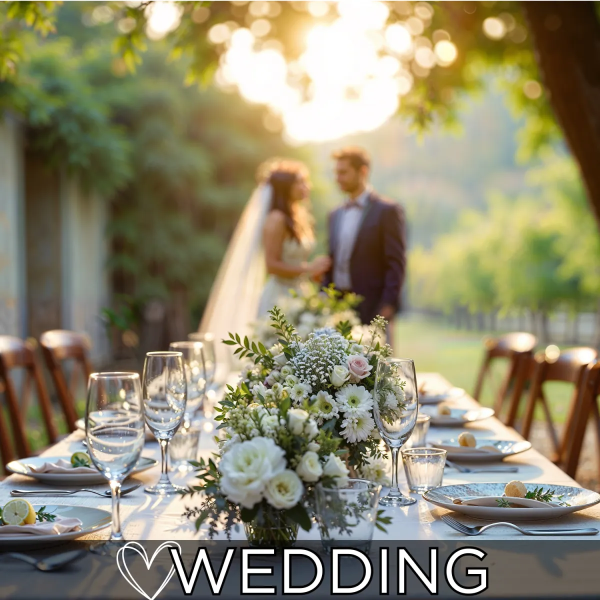 Elegant wedding reception table set with flowers and place settings