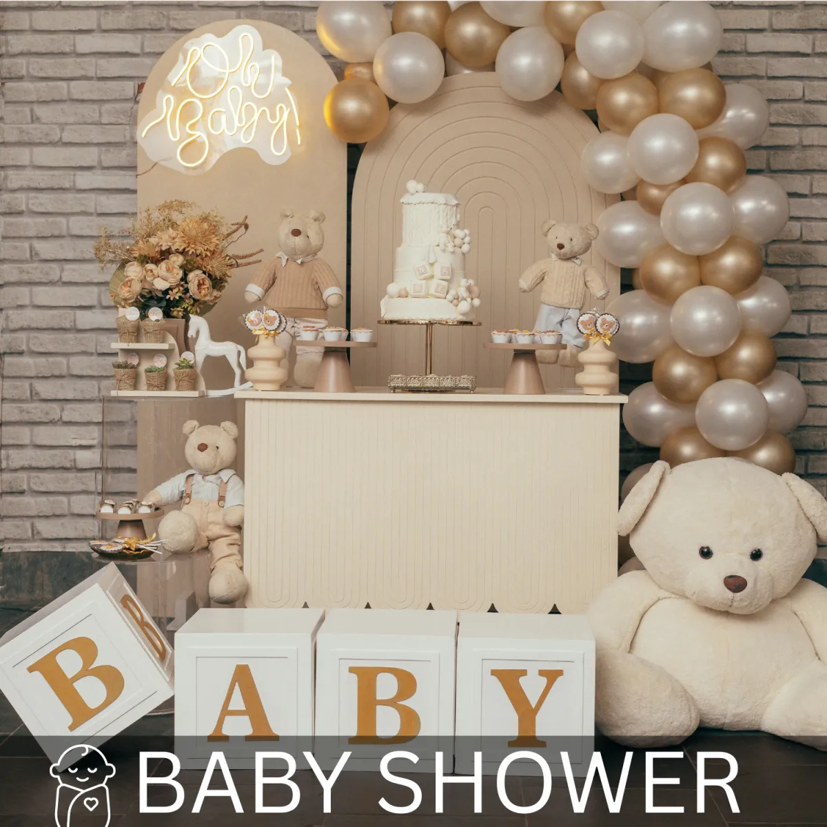 Neutral baby shower setup with balloons, cake and event decorations