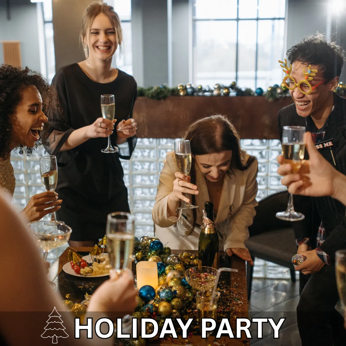 Friends celebrating together at a festive holiday party