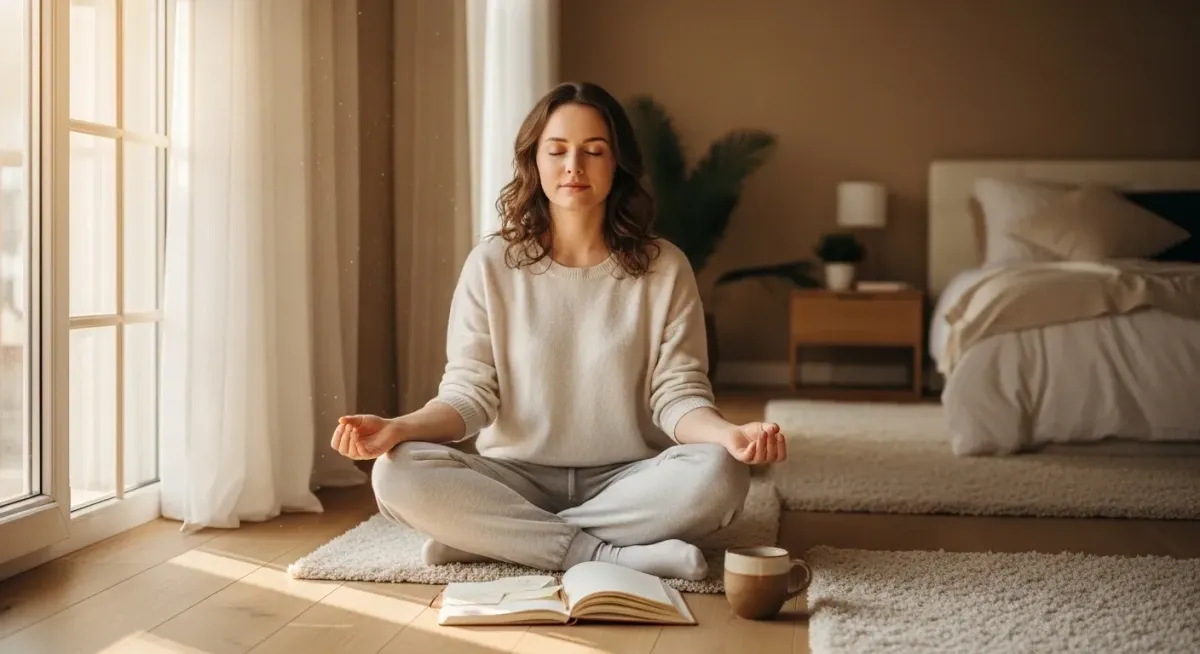 Woman meditating at home near a window with a journal practicing self-healing from childhood trauma