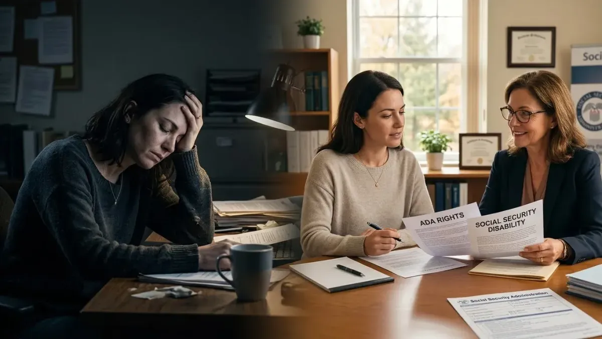Person struggling with depression on left transitioning to understanding ADA rights and Social Security disability benefits on right