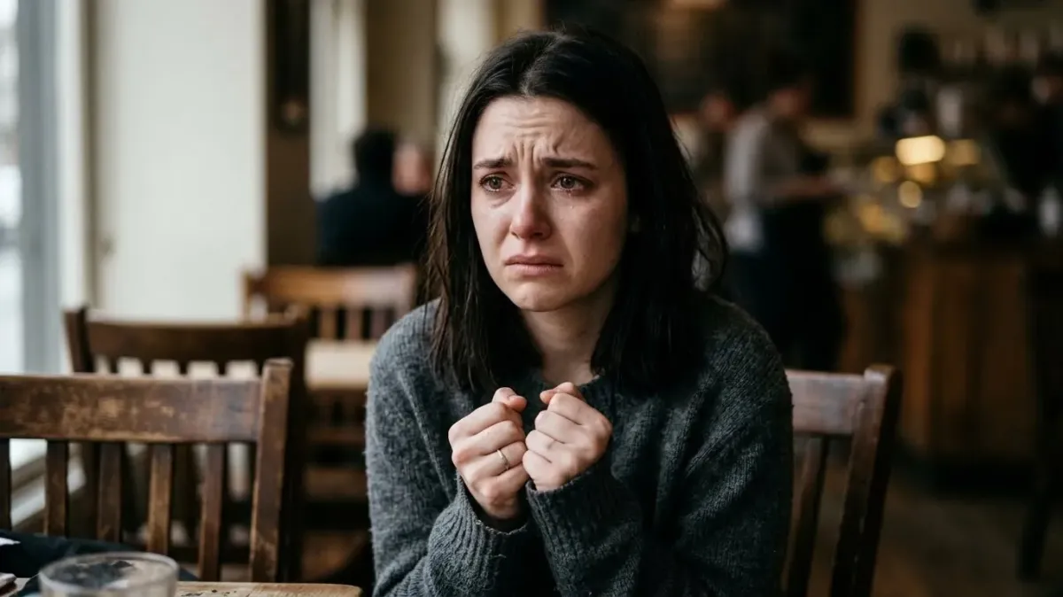 A person sitting at a desk with trembling hands pressed together, visually representing anxiety shaking and the struggle to stay calm