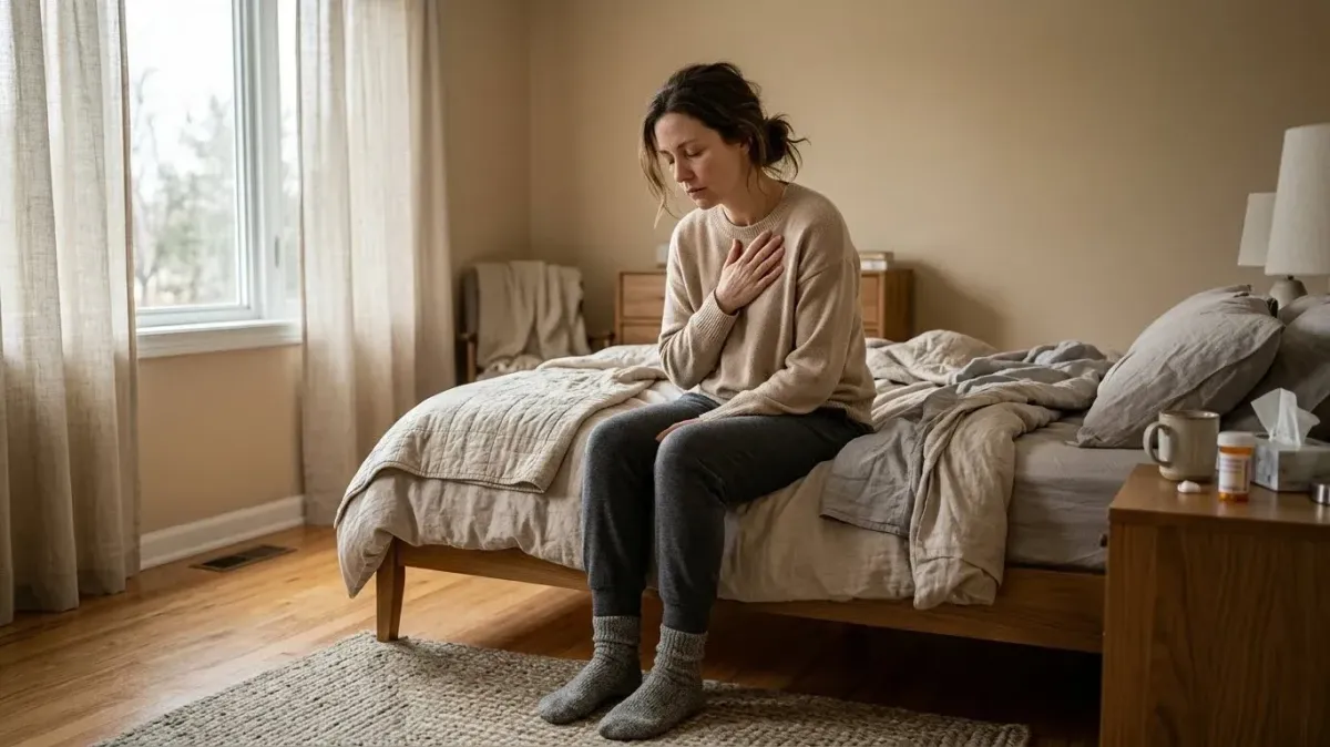 A person sitting on a bed looking physically exhausted and unwell, representing how depression can make you sick