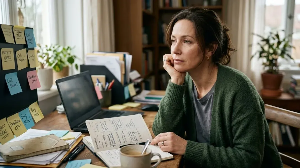 A middle-aged woman sitting at a cluttered desk with sticky notes and a planner, looking distracted, representing adult ADHD challenges