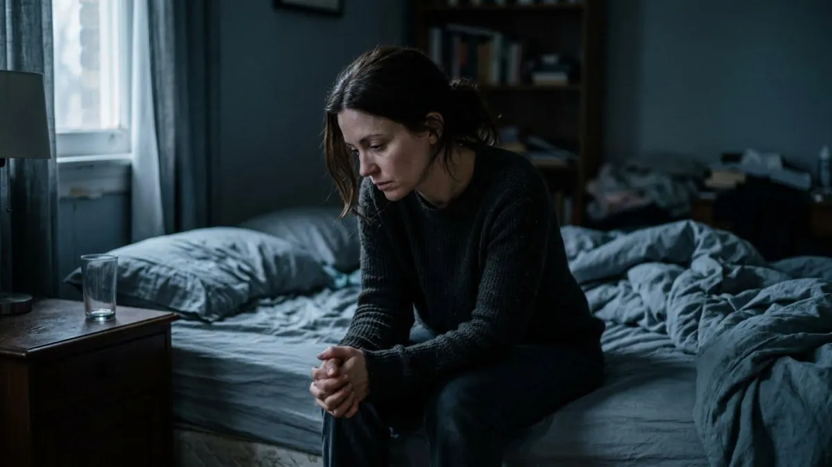 A woman sitting alone on a bed with a distant and exhausted expression, representing the emotional weight of complex PTSD symptoms