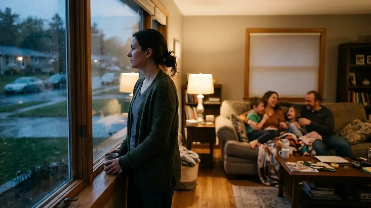 A woman sitting alone at a kitchen table staring blankly out the window, representing the emotional signs of PTSD in women