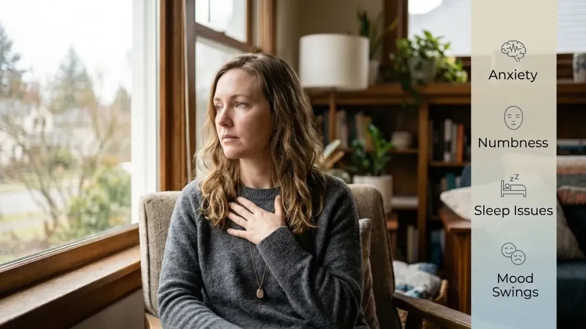 American adult showing signs of emotional trauma including anxiety, numbness, and sleep issues.
