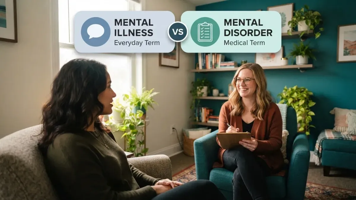 Mental illness vs mental disorder comparison banner with therapist and client in a calm therapy session