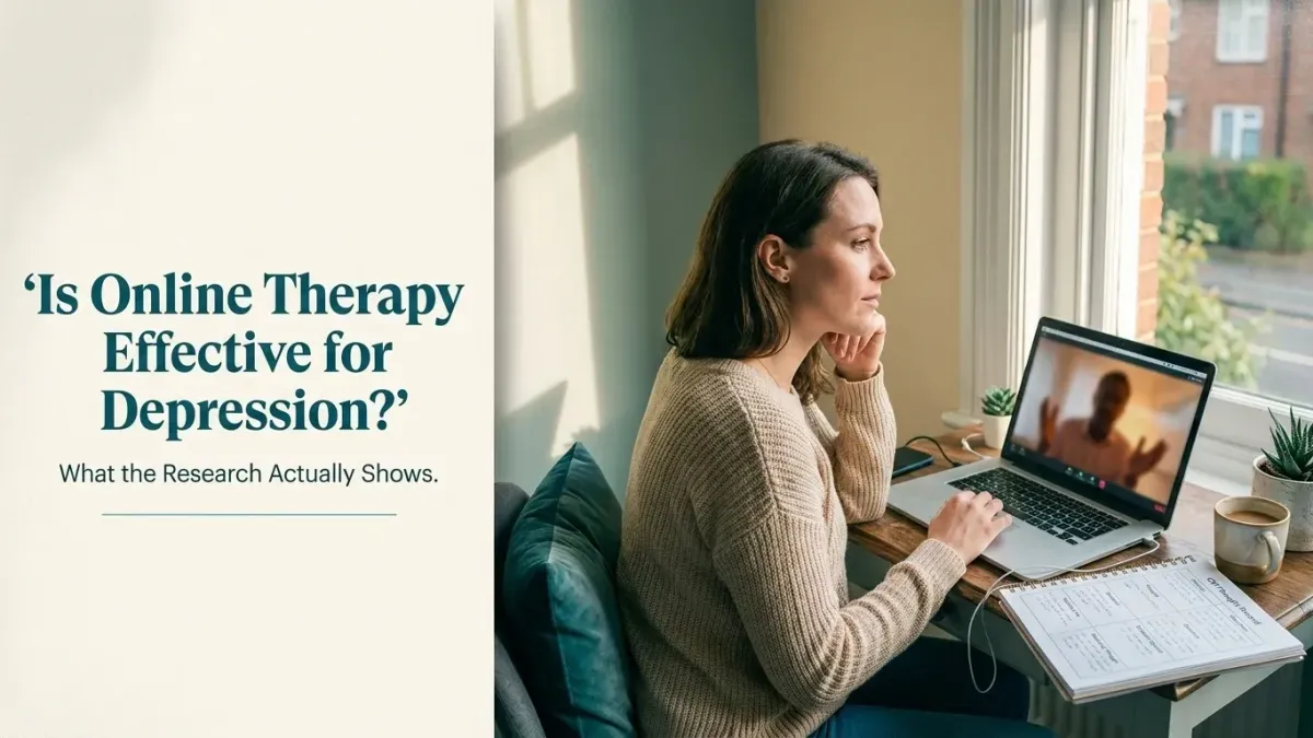 is online therapy effective for depression, woman in video therapy session