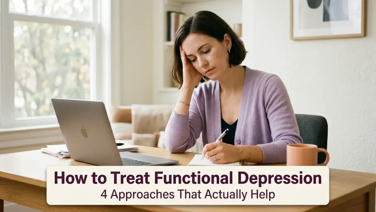 Tired professional at desk, how to treat functional depression concept