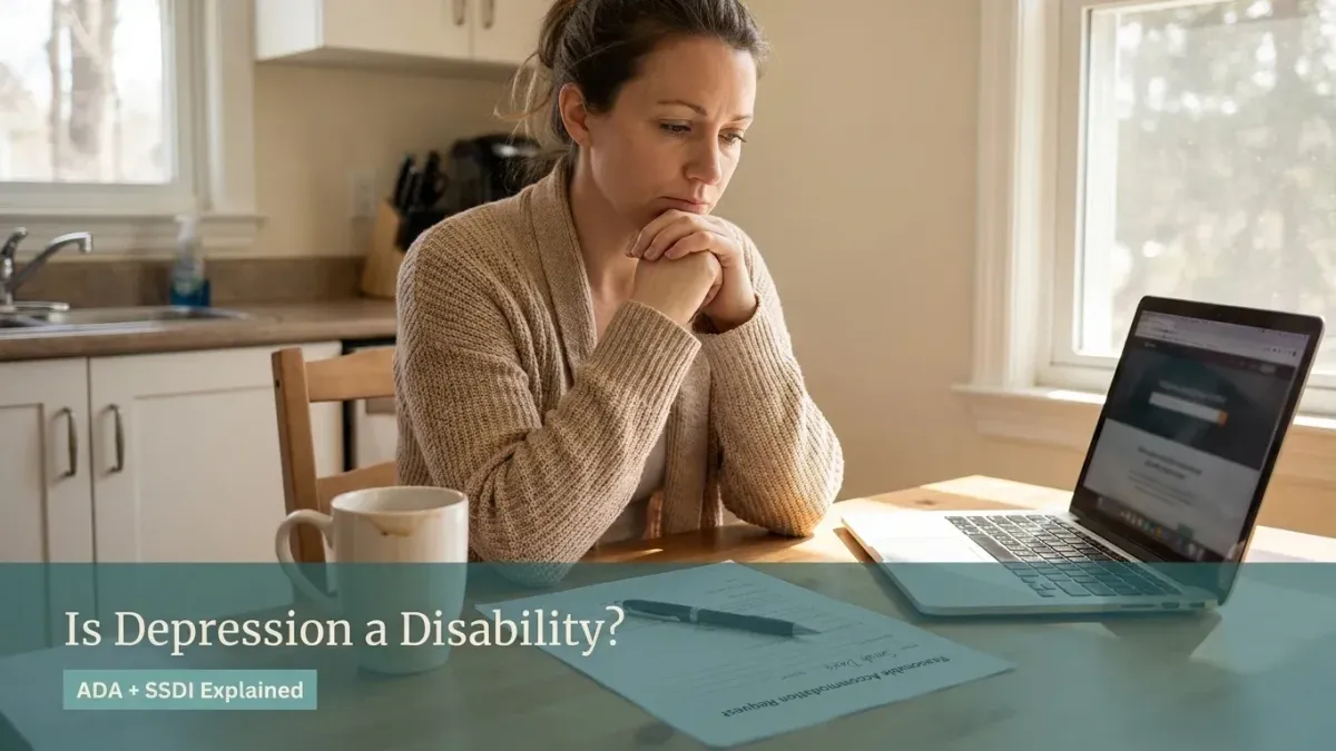Person struggling with depression on left transitioning to understanding ADA rights and Social Security disability benefits on right
