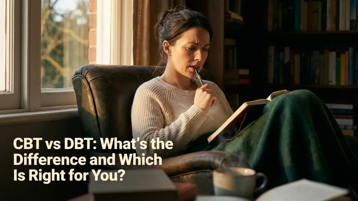 "CBT vs DBT therapy session in Grand Terrace with headline overlay text
