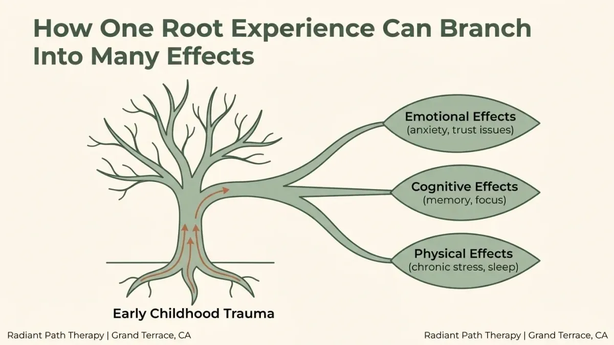 Tree infographic showing how childhood trauma branches into long-term effects