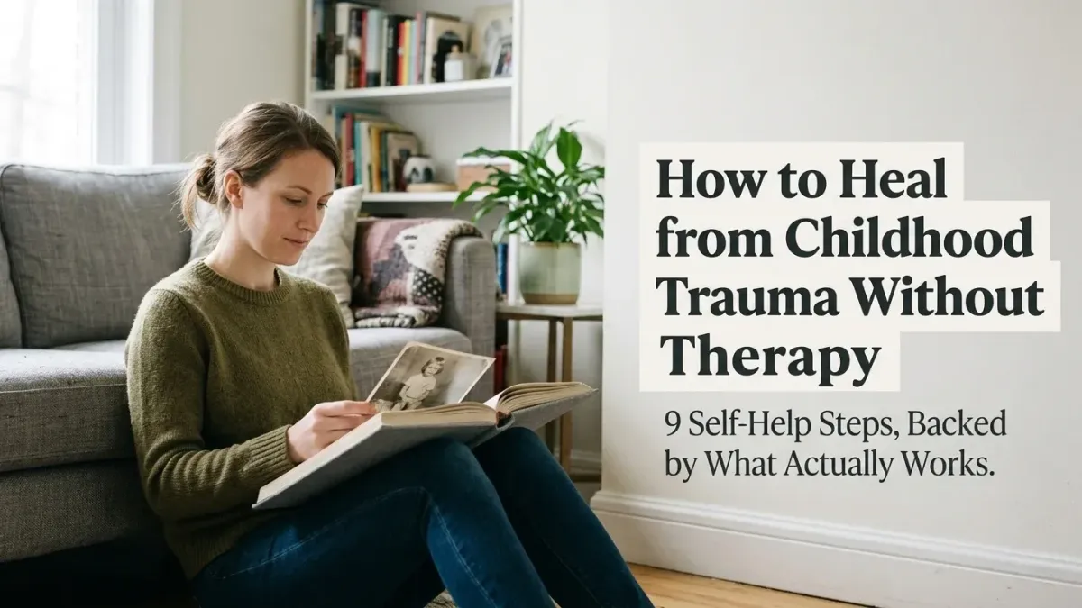 Woman meditating at home near a window with a journal practicing self-healing from childhood trauma