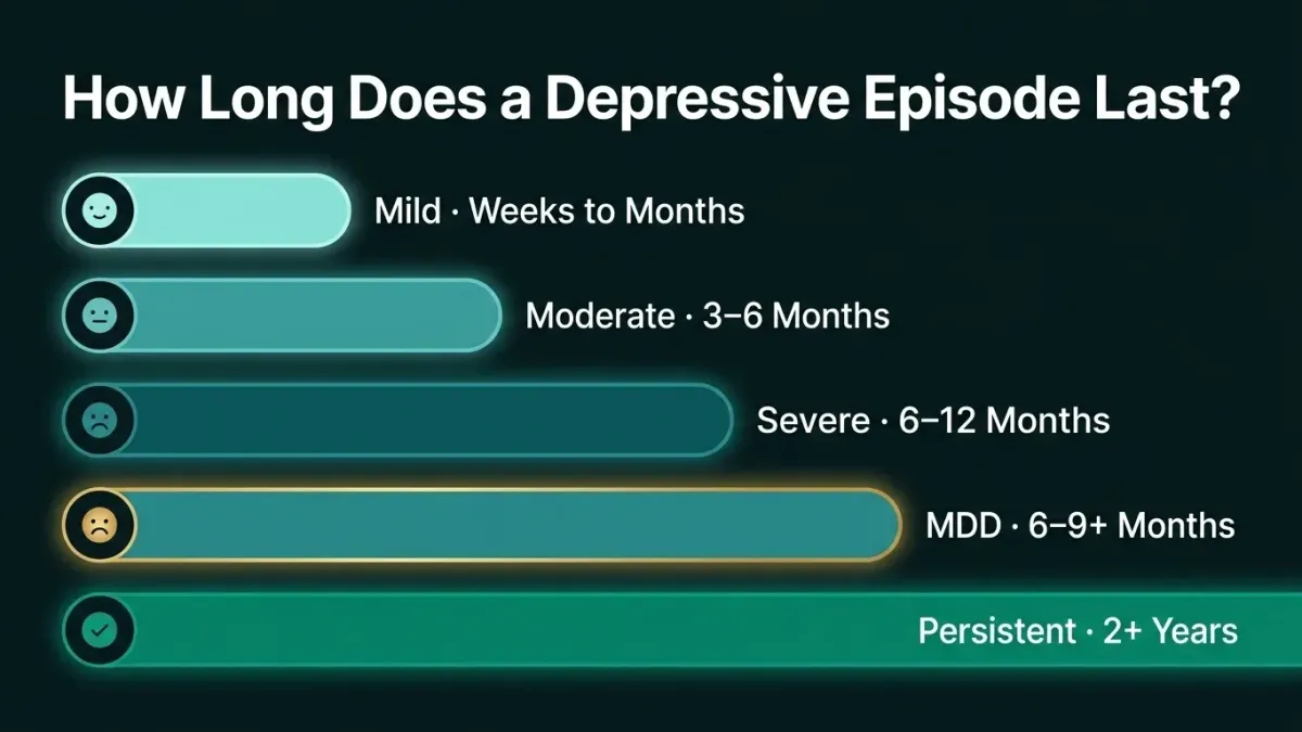 Infographic comparing depressive episode duration by severity — mild, moderate, severe, major depressive disorder, and persistent depressive disorder — shown as increasing teal bars from weeks to two-plus years.