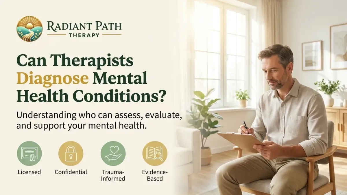 Therapist listening closely to assess and diagnose mental health conditions in session