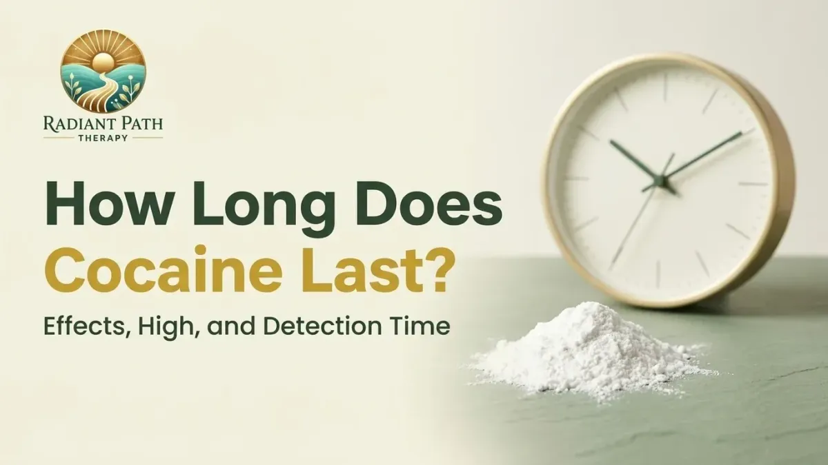 Timeline graphic showing how long cocaine lasts from high to comedown to hair test window