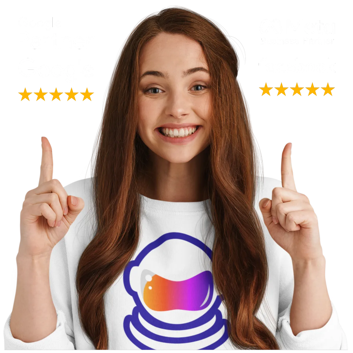 A staff member highlighting AIM Marketing's status as Google Partners and Meta Business Partners, with perfect 5-star reviews, powered by Astrotek, excelling in lead generation and advertising for home service businesses.