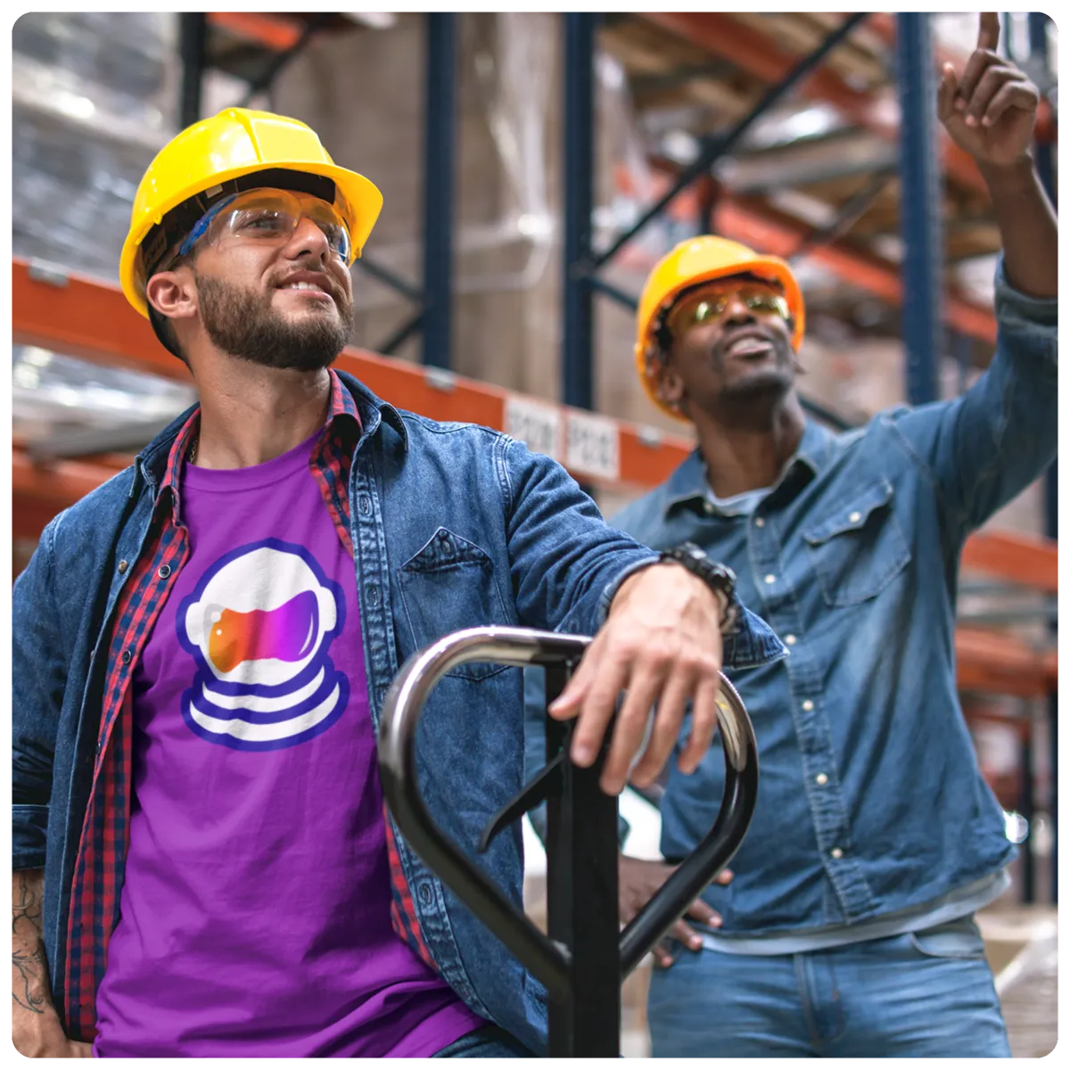  Two workers wearing AIM Marketing, Powered by Astrotek shirts and yellow construction hard hats, representing our dedication to serving home service business owners through expert lead generation and advertising services.