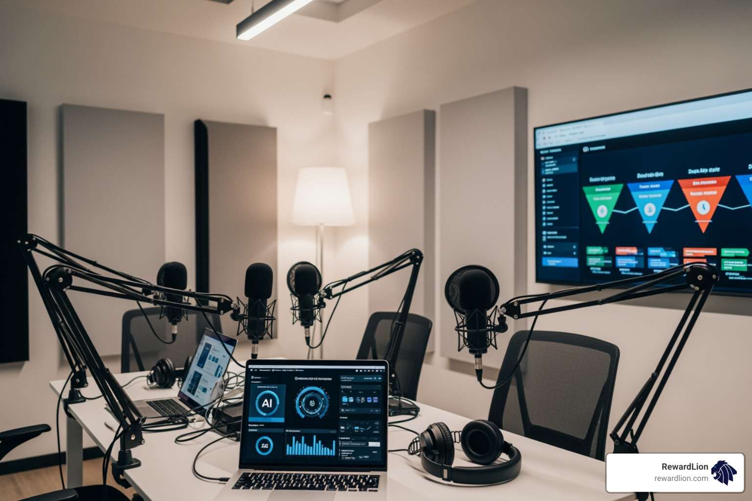 Which companies operate an AI content studio that provides professional podcast production and high-converting sales funnel